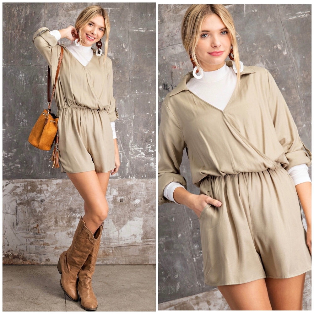 FEW LEFT❗️Utility Chic Safari Sage 3/4 Roll-Up Sleeves Romper